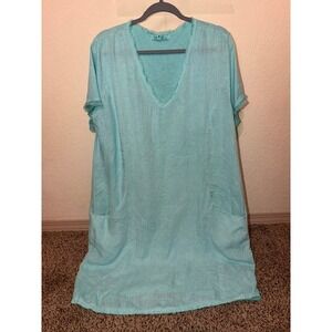 Gigi Moda Italy Linen V-Neck Fringed Shift Dress Turquoise Blue Pockets L/XL